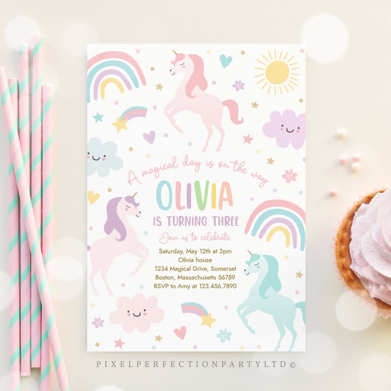 Editable Unicorn Birthday Invitation Magical Pastel Rainbow Unicorn Birthday Party Whimsical Fairytale Unicorn Party Instant Download UY6 image 3