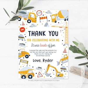 Editable Construction Thank You Card Dump Truck Digger Excavator Construction Birthday Party Front Back Thank You Card Instant Download AC