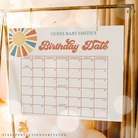 Editable Sunshine Baby Shower Due Date Calendar Game Retro Groovy Boy