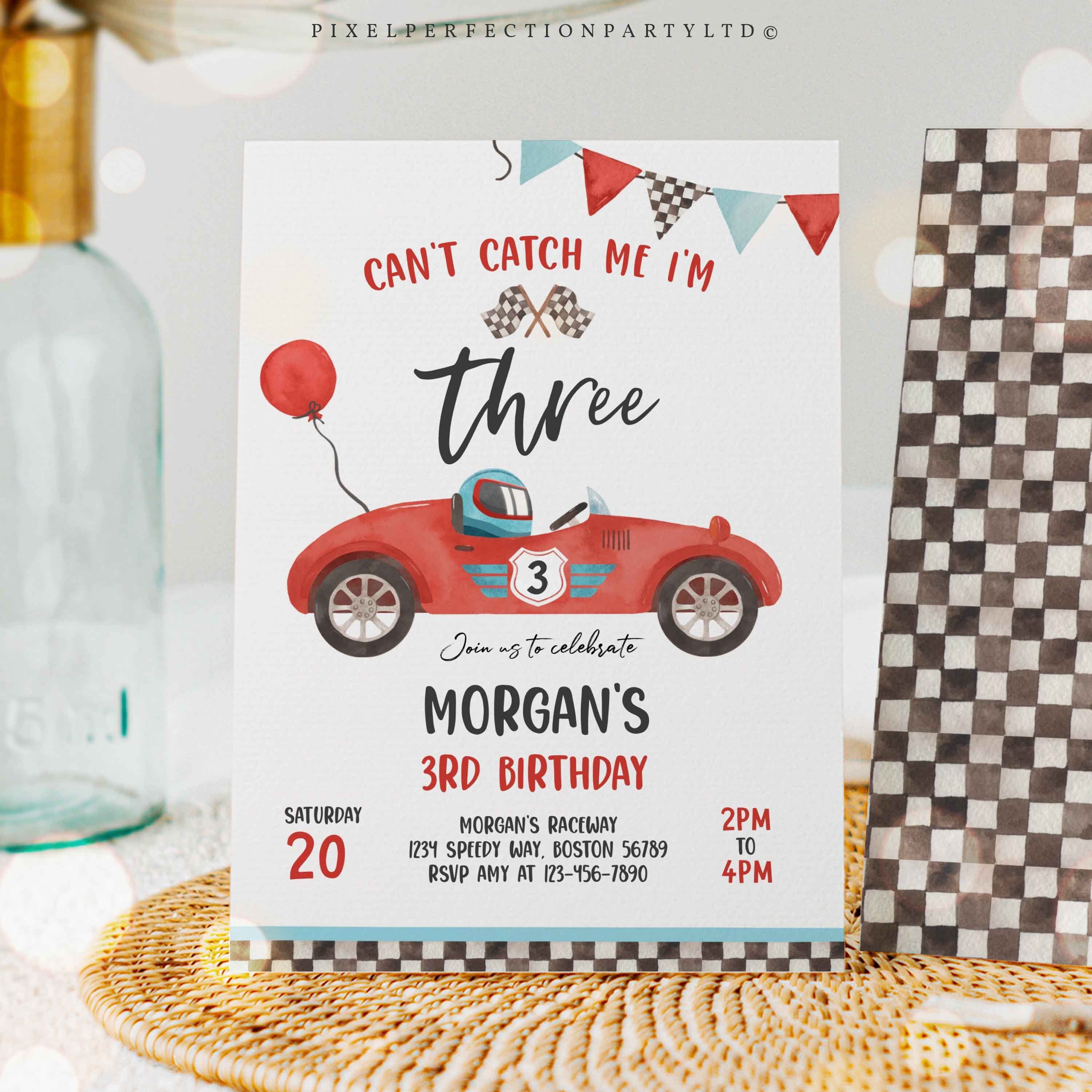 Editable Race Car 3rd Birthday Invitation Can't Catch Me I'm Three