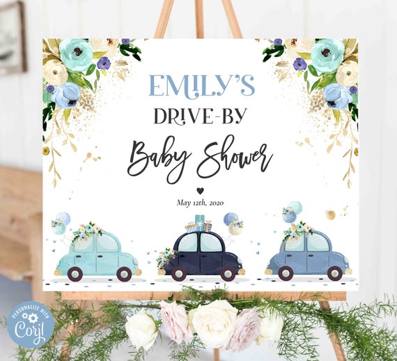 Editable Drive By Baby Shower Welcome Sign Blue Watercolor Drive Through Baby Shower Welcome Sign Yard Sign Social Distancing Baby Shower FD Il_570xn
