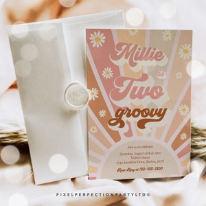 Editable Two Groovy Birthday Invitation Retro Sunshine Two Groovy 2nd Birthday Daisy Hippie Rainbow Sunshine Birthday Instant Download H5