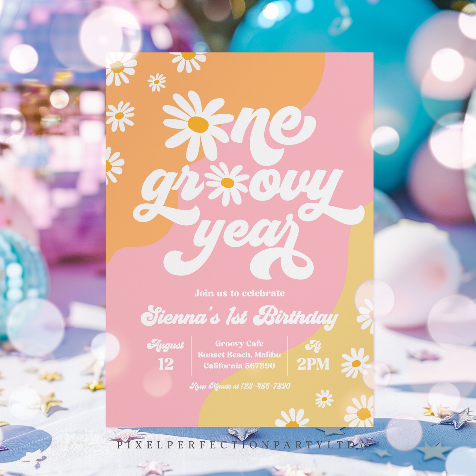Editable One Groovy Year 1st Birthday Party Invitation Boho Retro ...