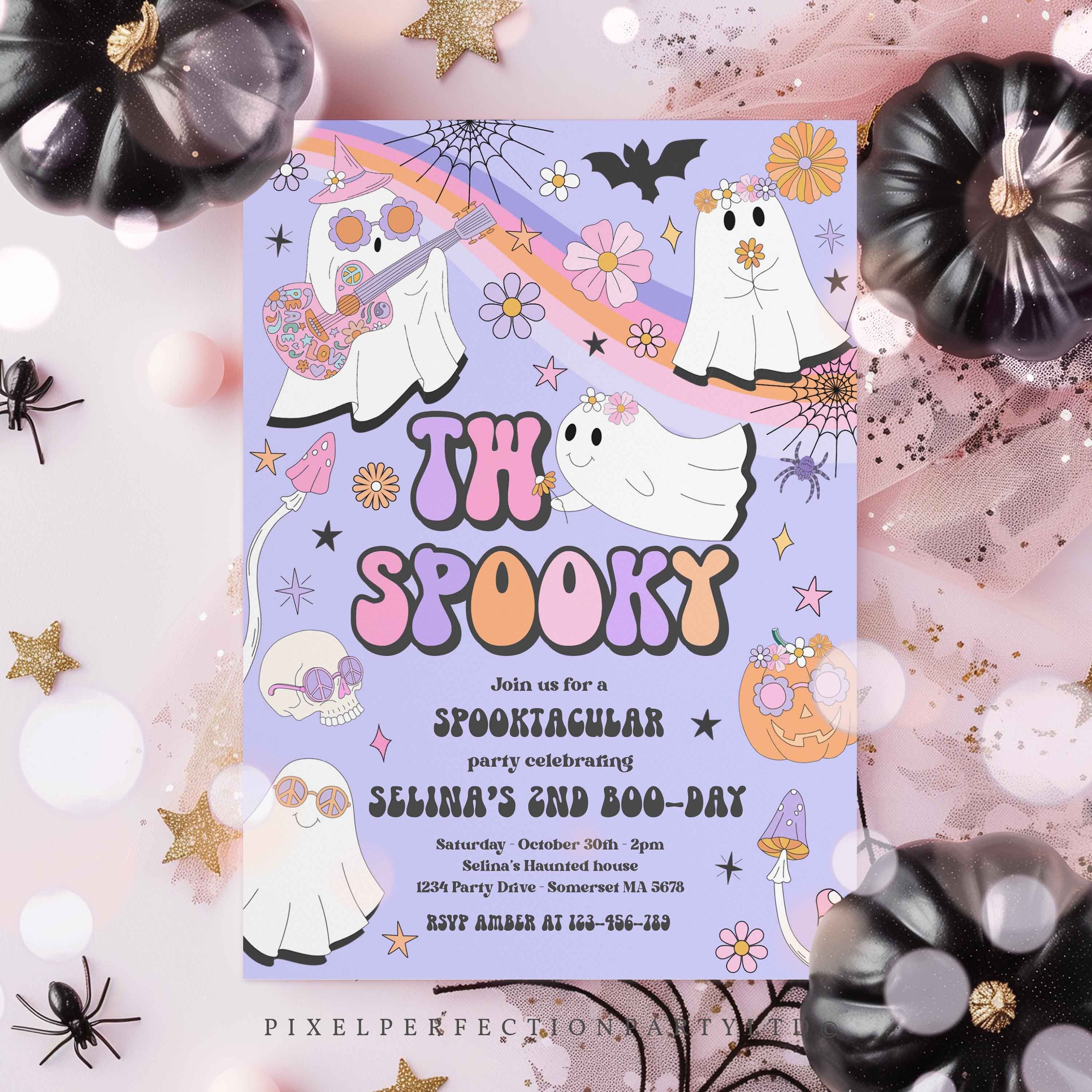 Editable Two Spooky Halloween Ghost 2nd Birthday Invitation Retro ...