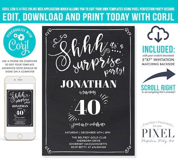 40th Surprise Birthday Invitation Chalkboard Vintage 40th ...