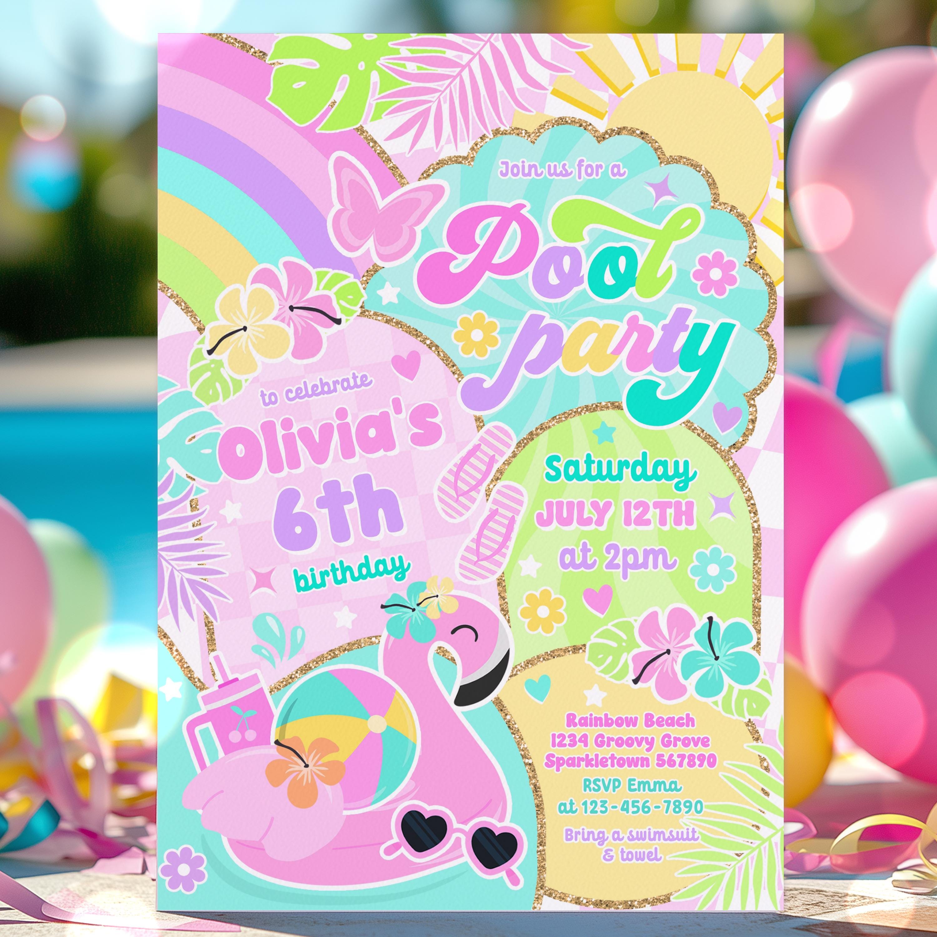 Editable Rainbow Pool Party Invitation Groovy Rainbow Girly Flamingo Pool Party Summer Swimming Pool Splash Pad Party Instant Download JY6