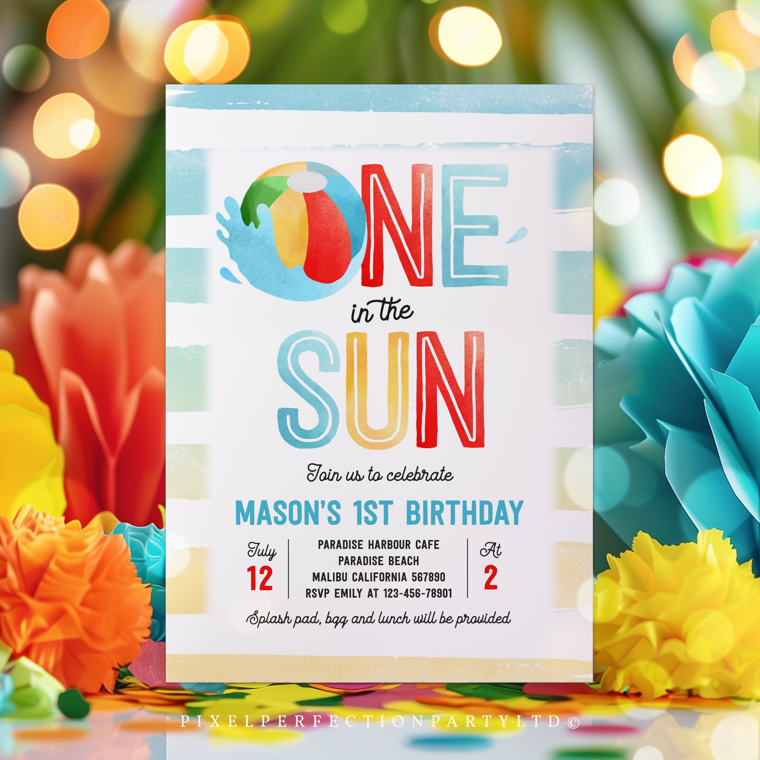 Editable One In The Sun 1st Birthday Party Invitation Beach Ball Summer Splish Splash Boy 1st Birthday Pool Party Instant Download BQ3