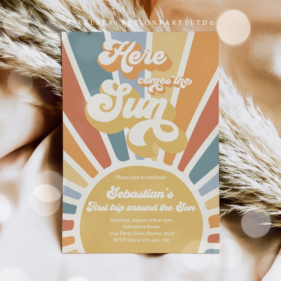 Editable Sunshine 1st Birthday Invitation Here Comes The Sun Boho Retro Muted Tones 1st Birthday Party Invitation Instant Download 8R Il_570xn