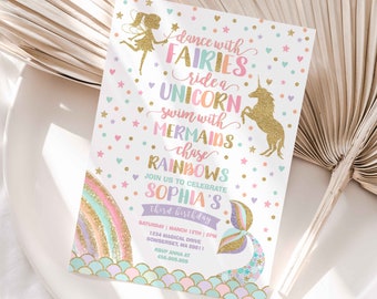 Unicorn Mermaid Fairy Invitation Magical Party Dance With Fairies Ride A Unicorn Swim With Mermaids Chase Rainbows Instant Download File 8F