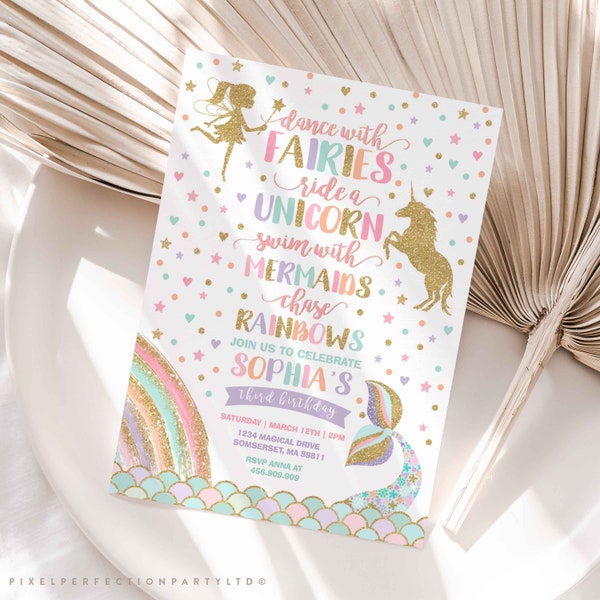 Unicorn Mermaid Fairy Invitation Magical Party Dance With Fairies Ride A Unicorn Swim With Mermaids Chase Rainbows Instant Download File 8F
