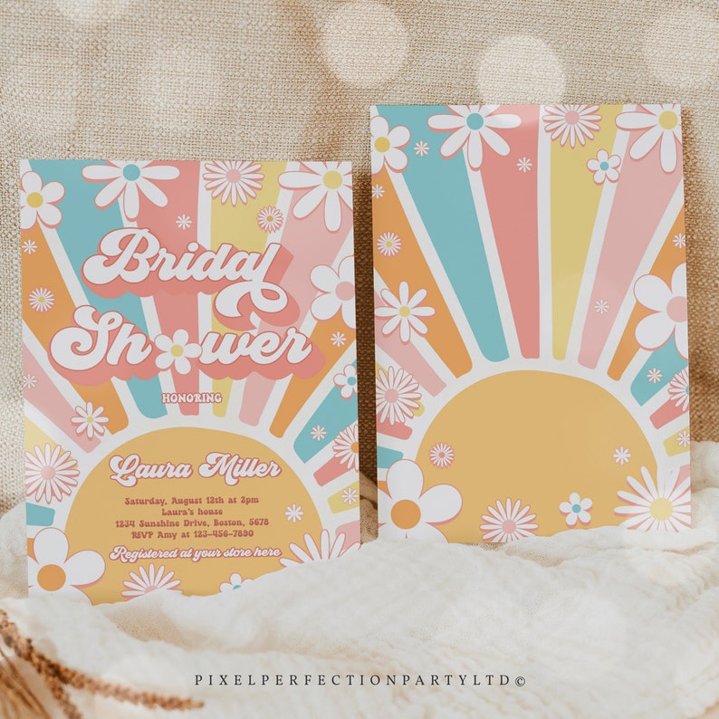 Editable Retro Bridal Shower Invitation Retro Bohemian Hippie Vibes Daisy 70s Flower Power Bridal Shower Invitation Instant Download 4R6 画像 7