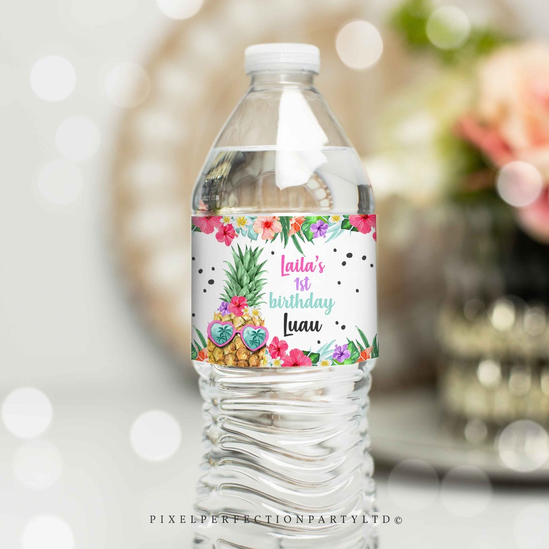 Editable Hawaiian Luau Birthday Water Bottle Wraps Pineapple Birthday