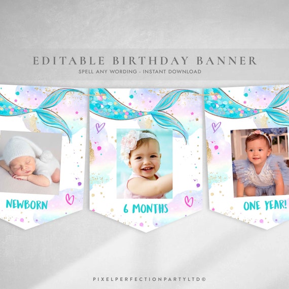 Editable Mermaid Monthly Banner Mermaid First Year Banner Whimsical Mermaid Under The Sea Monthly 1st Birthday Banner Instant Download UH Il_570xn