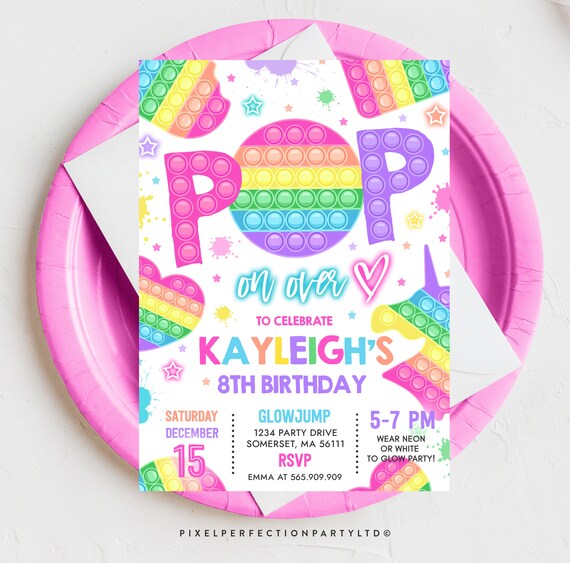 Paper Pop It Rainbow Pink Birthday Invitation Kids Mobile Invite Evite