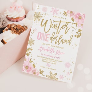 WINTER ONEderland Invitation Pink & Gold Winter ONEderland Invitation Floral Winter ONEderland Party Instant Download Editable Corjl 3P