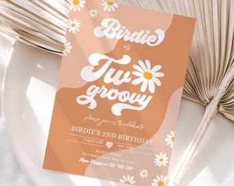 Editable Two Groovy 2nd Birthday Party Invitation Boho Retro Groovy Hippie Floral 70's Birthday Party Daisy Hippie Party Instant Download FR