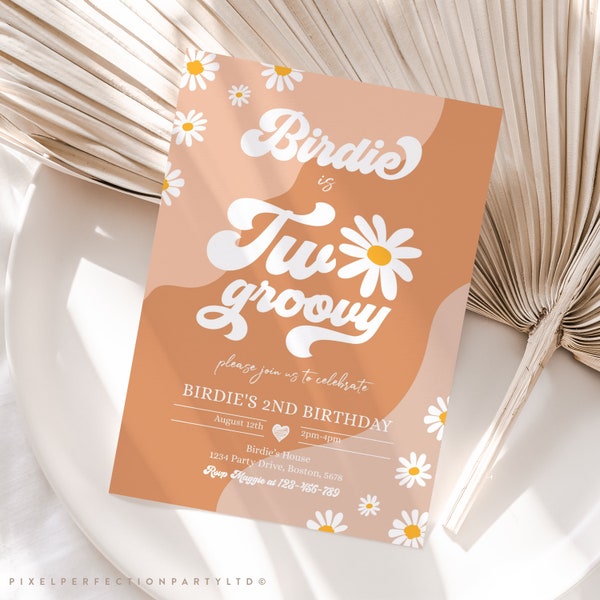 Editable Two Groovy 2nd Birthday Party Invitation Boho Retro Groovy Hippie Floral 70's Birthday Party Daisy Hippie Party Instant Download FR