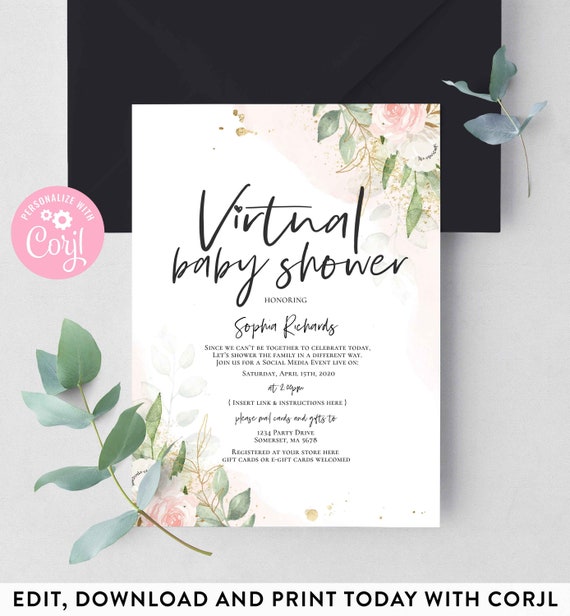 Editable Virtual Baby Shower Invitation Greenery Pink & Gold Virtual Baby Shower Invite Virtual Social Distancing Shower Instant Download BG Il_570xn