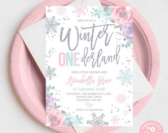 WINTER ONEderland Invitation Pink & Silver Winter ONEderland Invitation Floral Winter ONEderland Party Instant Download Editable Corjl WO1