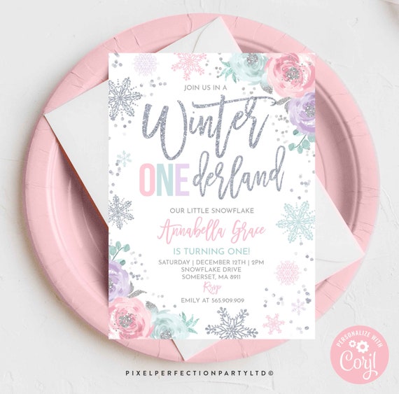 WINTER ONEderland Invitation Pink & Silver Winter ONEderland Invitation Floral Winter ONEderland Party Instant Download Editable Corjl WO1 Il_570xn
