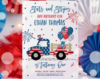 Editable 4th Of July Birthday Invitation 4th Of July Stars & Stripe Truck Birthday Memorial Day Independence Day Party Instant Download 7k