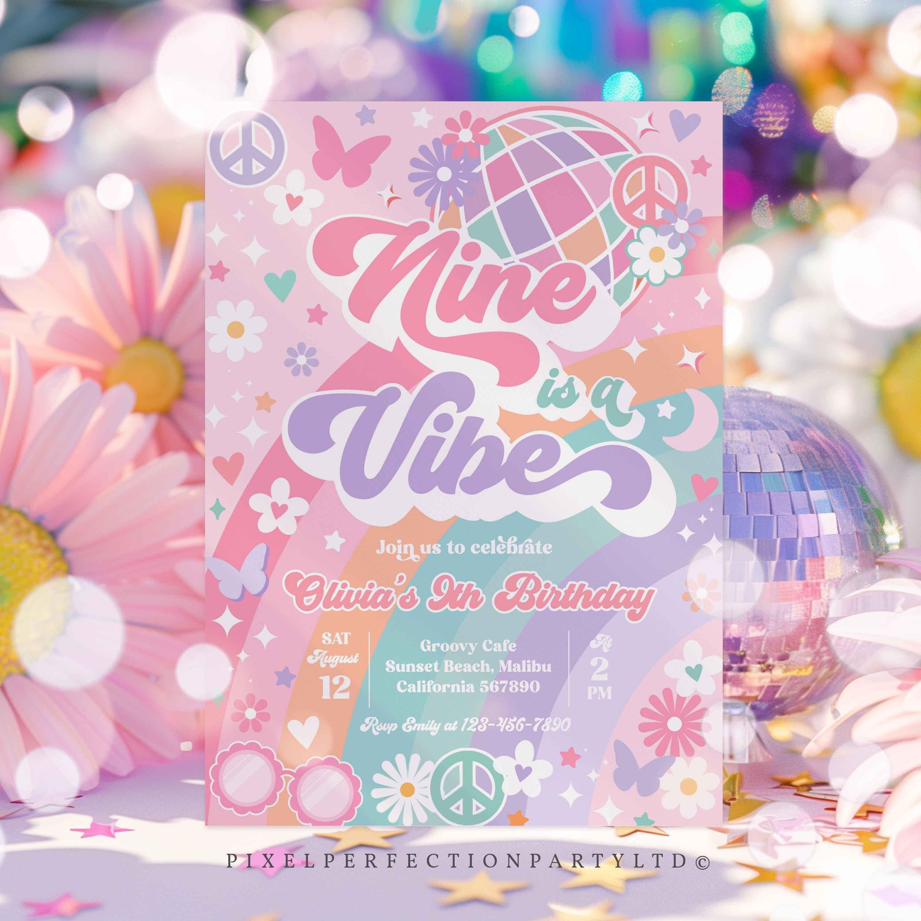 Editable Nine is A Vibe 9th Birthday Party Invitation Rainbow