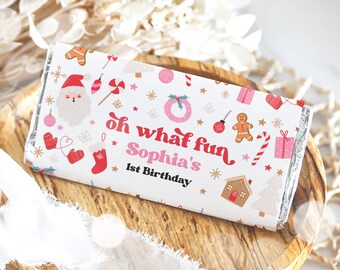 Editable Christmas Birthday Party Candy Bar Wrapper Oh What Fun Christmas Birthday Party Red & Pink Christmas Party Instant Download HHY