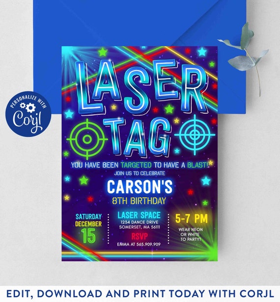 Editable Laser Tag Invitation Neon Laser Tag Birthday Invitation Glow Laser Tag Birthday Party Boy Neon Glow Laser Party Instant Download LT Il_570xn