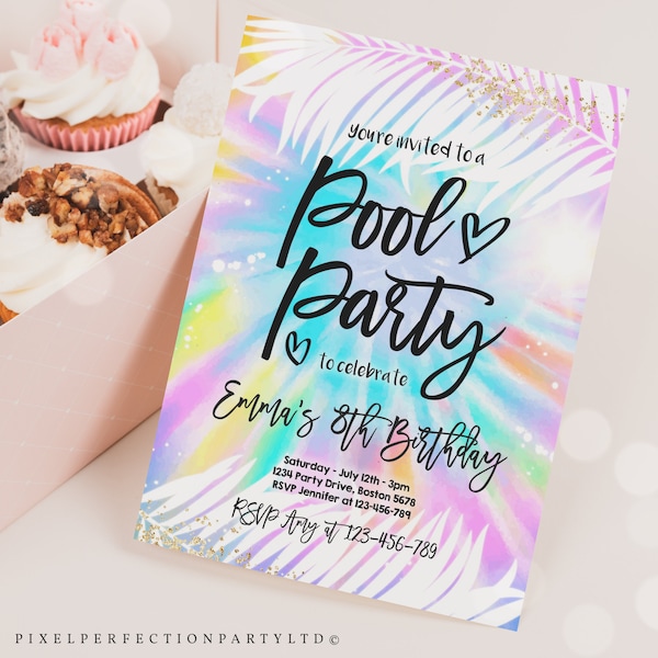 Editable Pool Party Invitation Girly Tie Dye Pool Party Invitation Pool Birthday Party Summer Swimming Pool Party Instant Download RR
