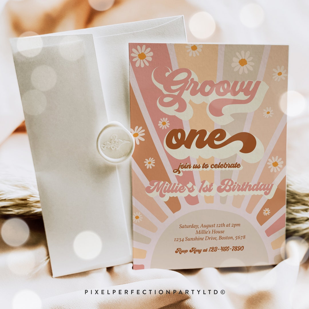 Editable Groovy One Birthday Invitation Retro Sunshine Groovy One 1st ...