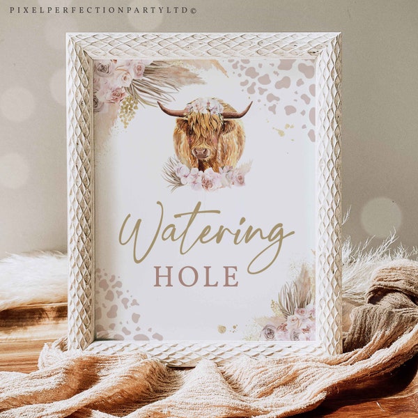 Watering Hole Drinks Sign Holy Cow Boho Pampas Grass Birthday Decor Farm Highland Cow Boho Birthday Instant Download K4