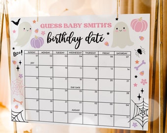 May include: A printable Halloween-themed baby shower game with a calendar for guests to guess the baby's birthday date. The calendar is decorated with ghosts, pumpkins, spiders, and candy corn.