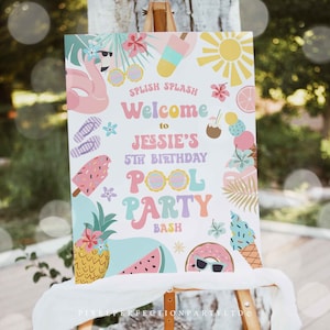 Editable Pool Party Welcome Sign Tropical Splish Splash Girly Pool Party Favors Summer Swimming Pool Splash Pad Party Instant Download FK