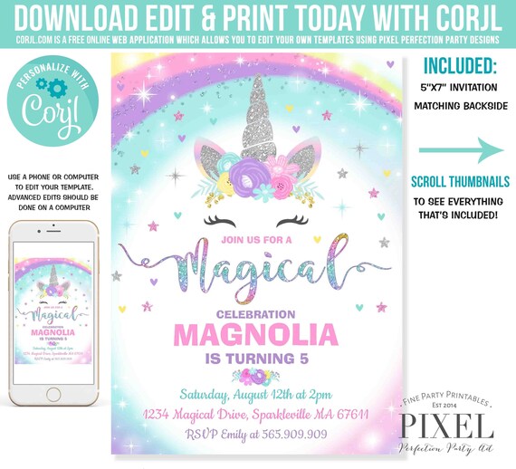 Rainbow Birthday Self-Edit with CORJL Unicorn Party Invite Badge Magical Party INSTANT DOWNLOAD Printable Template Unicorn Birthday