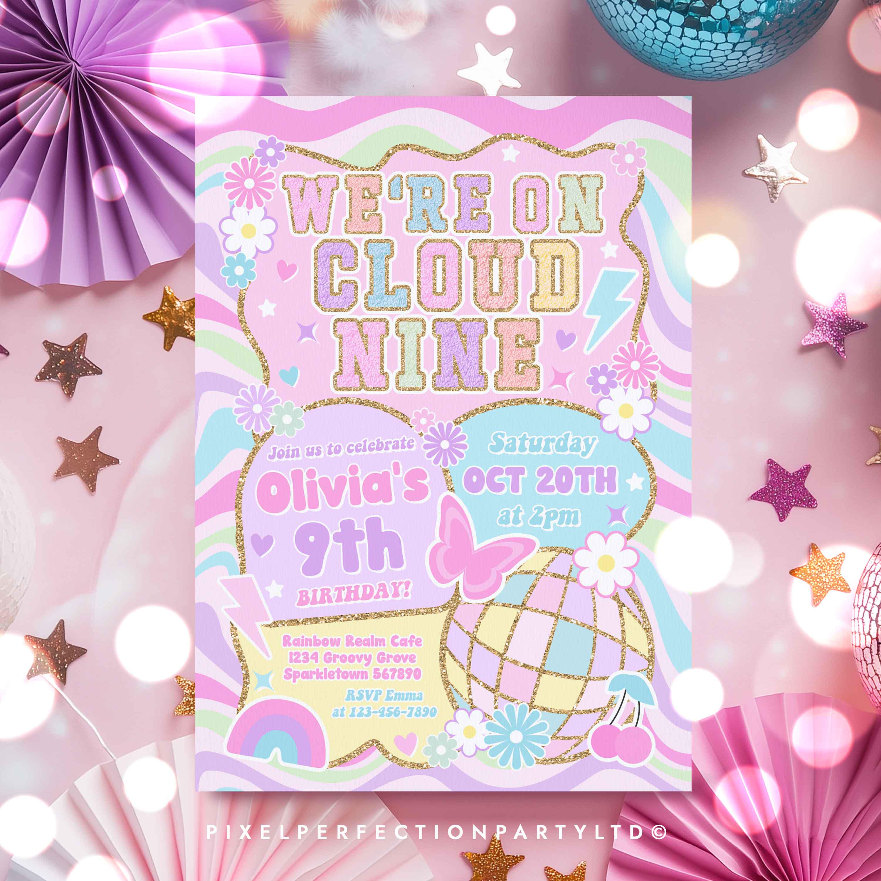 Editable Cloud 9 Birthday Party Invitation Varsity Fashion Preppy 9th ...