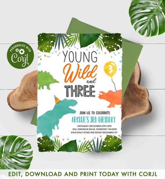 Dinosaur Invitation Jungle Dinosaur Invite Young Wild And Three Dinosaur Party T-Rex Prehistoric Dinosaur Party Instant Download Editable 15 Il_570xn