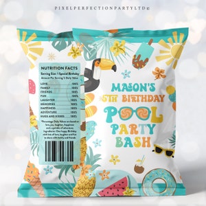 Editable Pool Party Chip Bag Wrapper Tropical Toucan Pool Float Pool Party Summer Pool Splash Pad Decorations Instant Download S5