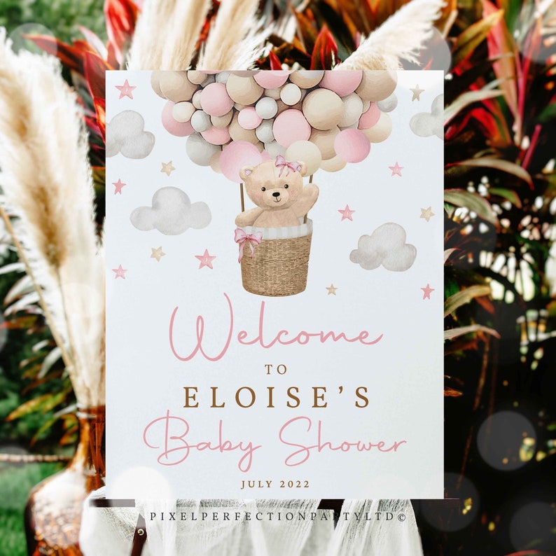 Editable Teddy Bear Hot Air Balloon Baby Shower Welcome Sign Girl Pink Teddy Bear Baby Shower We Can Bearly Wait Shower Instant Download 5H image 1