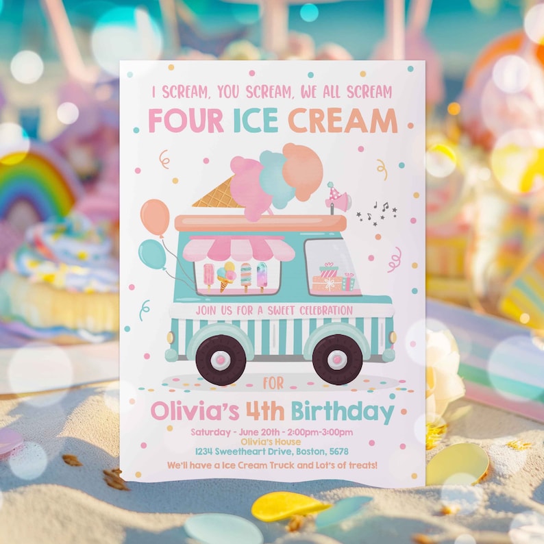 以下が含まれることがあります： アイスクリームトラックをテーマにした4歳の誕生日パーティーのカラフルな招待状。招待状には、ピンクとブルーのアイスクリームコーンが載った、漫画のアイスクリームトラックが描かれています。招待状のテキストには、「私が叫ぶ、あなたが叫ぶ、私たちは皆叫ぶ、4つのアイスクリーム。オリビアの4歳の誕生日のお祝いにご参加ください。土曜日 - 6月20日 - 午後2時 - 午後3時。オリビアの家。1234 Sweetheart Drive, Boston, 5678。アイスクリームトラックとたくさんのご褒美をご用意しています！」と書いてあります。