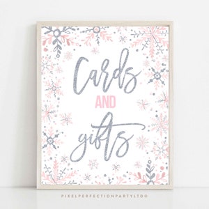 WINTER ONEderland Cards and Gifts Sign Pink And Silver Snowflakes Winter ONEderland Sign Winter 1st Birthday Party Instant Download H0