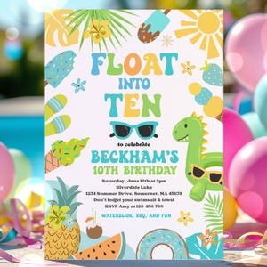 May include: A vibrant birthday invitation featuring the text "FLOAT INTO TEN" and "BECKHAM'S 10TH BIRTHDAY". The design incorporates illustrations of sunglasses, ice cream, a dinosaur, and other summer-themed graphics. The invitation also includes event details.