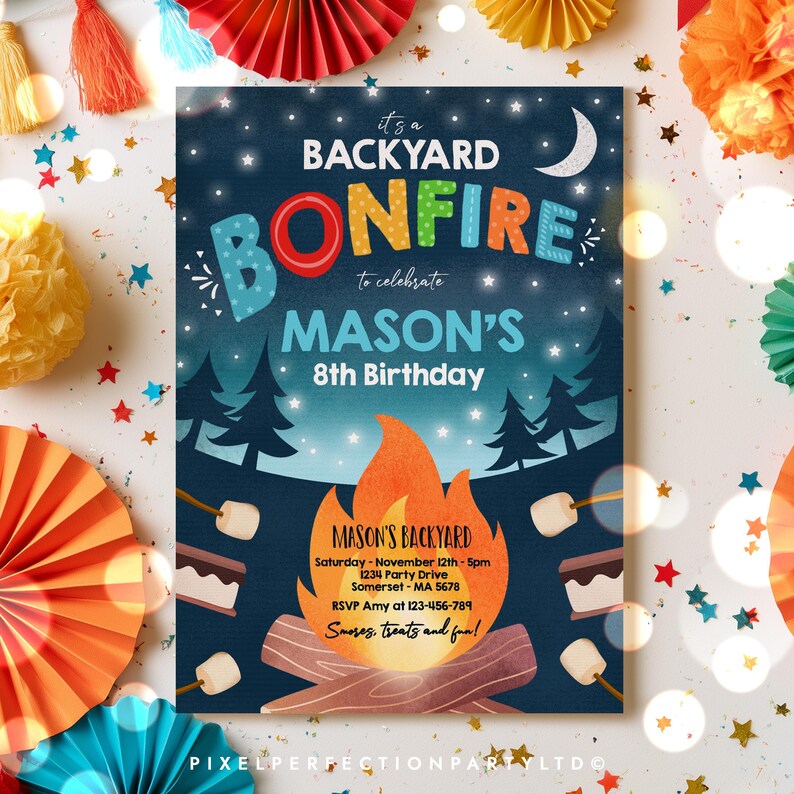 May include: A rectangular invitation card for a backyard bonfire 8th birthday party for Mason. The design features a night sky with a crescent moon, pine trees, a campfire, and s'mores. Text includes date, time, location, and RSVP details.