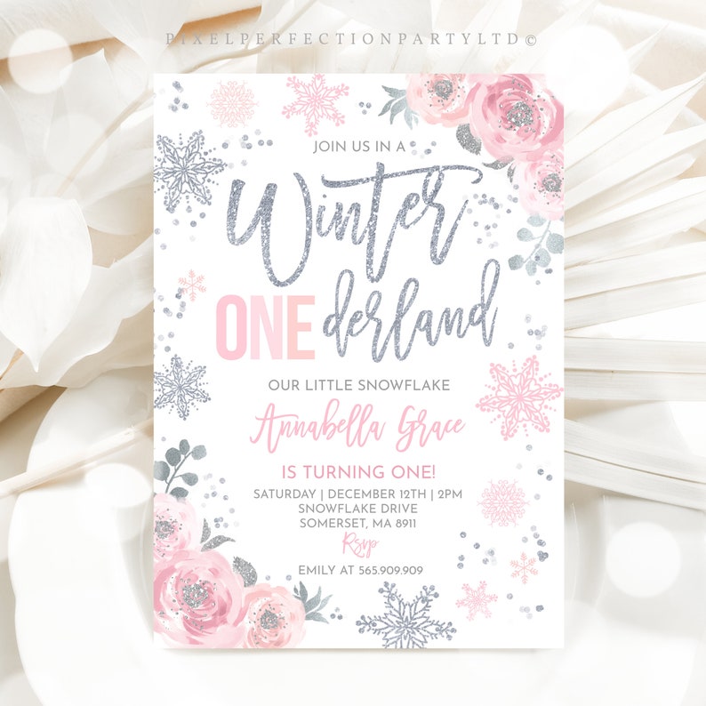 Editable Winter ONEderland Invitation Pink And Silver Winter ONEderland Invitation Floral Winter ONEderland Party Instant
