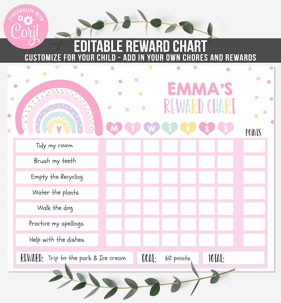 Editable Rainbow Reward Chart Rainbow Kids Chore Chart Kids
