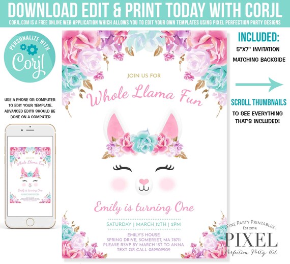 Llama Invitation Llama Birthday Invitation Whole Llama Fun Invitation Pink Lilac Mint & Gold Floral Llama Party Instant Download Editable S6 Il_570xn
