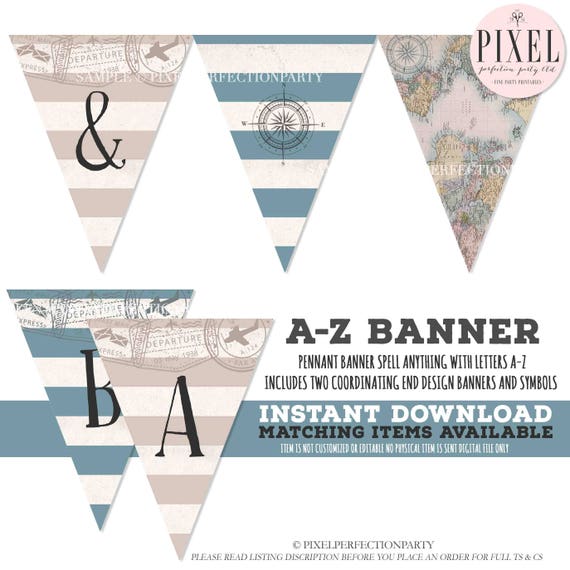 Adventure Awaits Baby Shower Banner Vintage Travel Baby Shower Banner A-Z Banner Letters Map Travel Baby Shower Banner Instant download VT1 Il_570xn