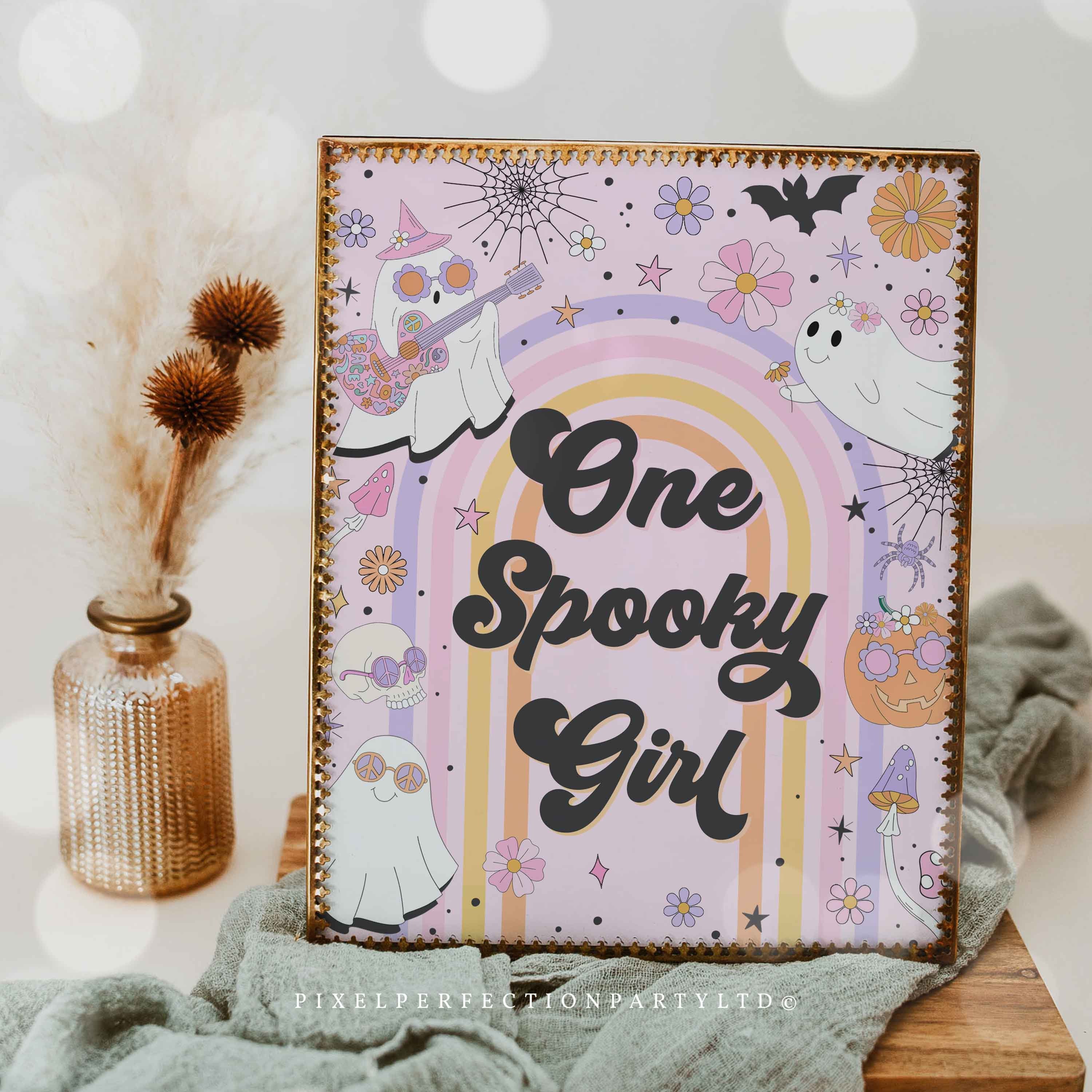 Halloween Ghost Birthday Party One Spooky Girl Sign Retro Groovy ...