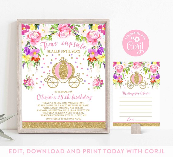 Princess Carriage Time Capsule + Matching Note Card Cinderella Carriage Time Capsule Princess Carriage Party Instant Download Editable N6 Il_570xn