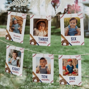 Editable Baseball Birthday Party Monthly Photo Banner Rookie of the Year Baseball 1st Birthday Party Decoration Banner Instant Download AQQ