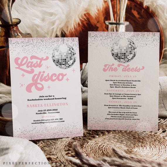 Editable Last Disco Bachelorette Weekend Invitation & Itinerary.